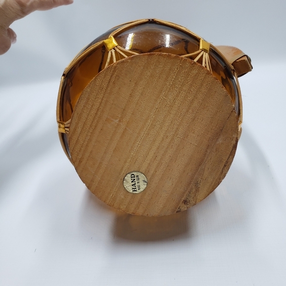 Vintage Carafe Bottle Hand Made Brown Amber  Glass Wicker Boho - Picture 12 of 16